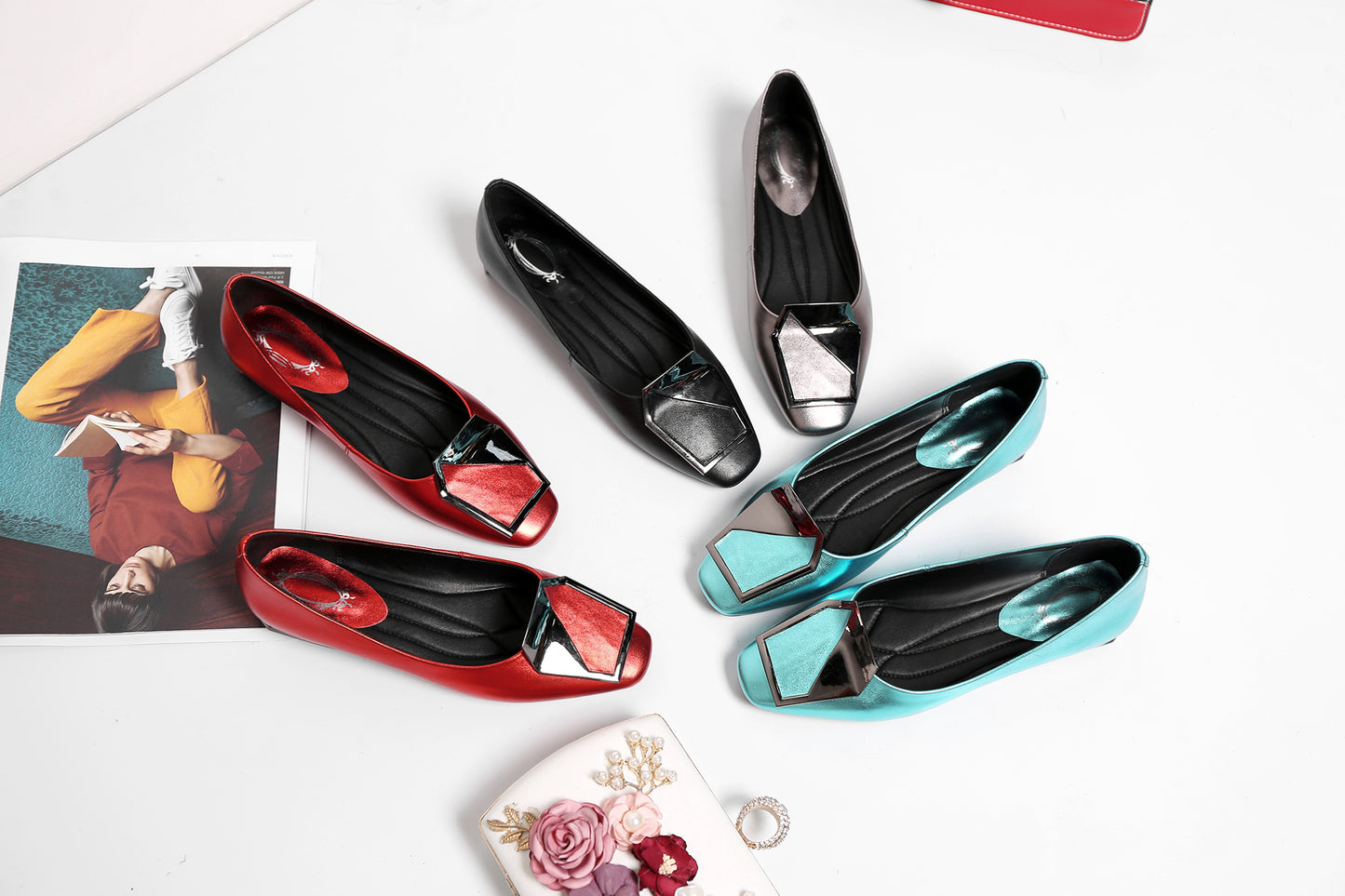 Nine Seven Women's Genuine Leather Square Toe Handmade Buckle Décor Casual Flat Shoes