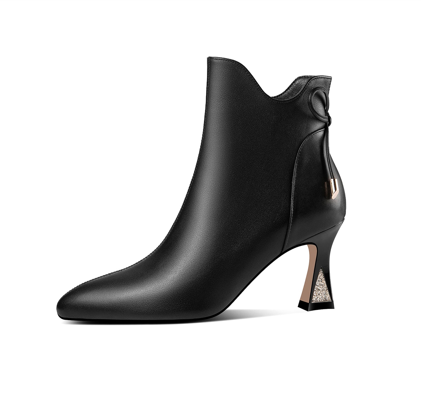 Nine Seven Handmade Women's Genuine Leather Rhinestones Bowknot Pointed Toe Side Zipper Mid Spool Heel Ankle Boots