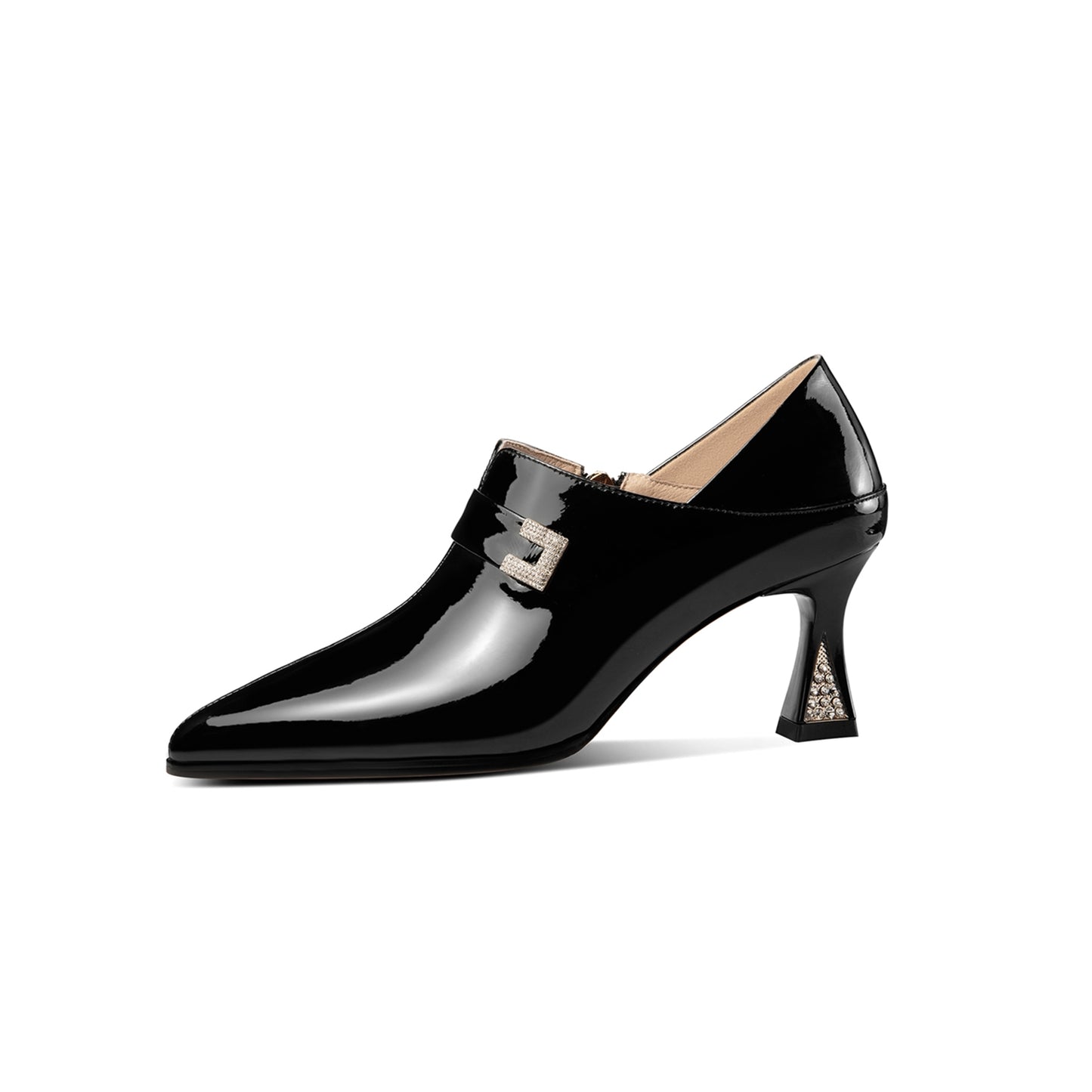 Nine Seven Women's Pointed Toe Glossy Patent Leather Handmade Side Zip Up Rhinestone Mid Heels Stylish Pumps
