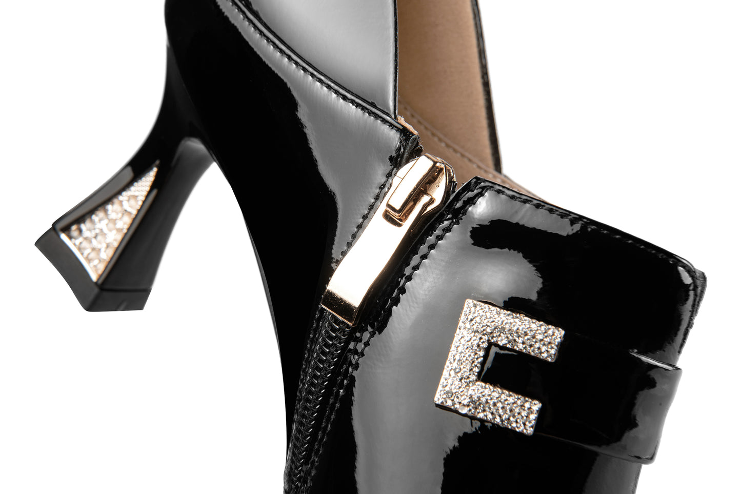 Nine Seven Women's Pointed Toe Glossy Patent Leather Handmade Side Zip Up Rhinestone Mid Heels Stylish Pumps