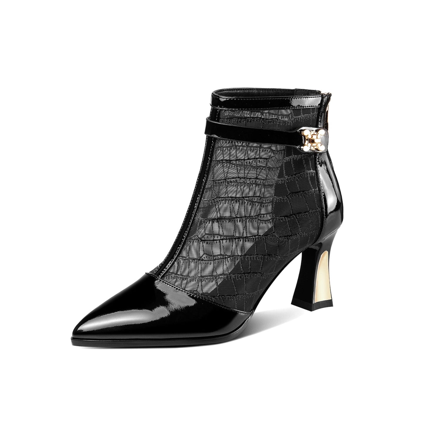 Nine Seven Women's Glossy Patent Leather Handmade Summer Mesh Mid Heel Back Zip Up Ankle Boots with Pointy Toe