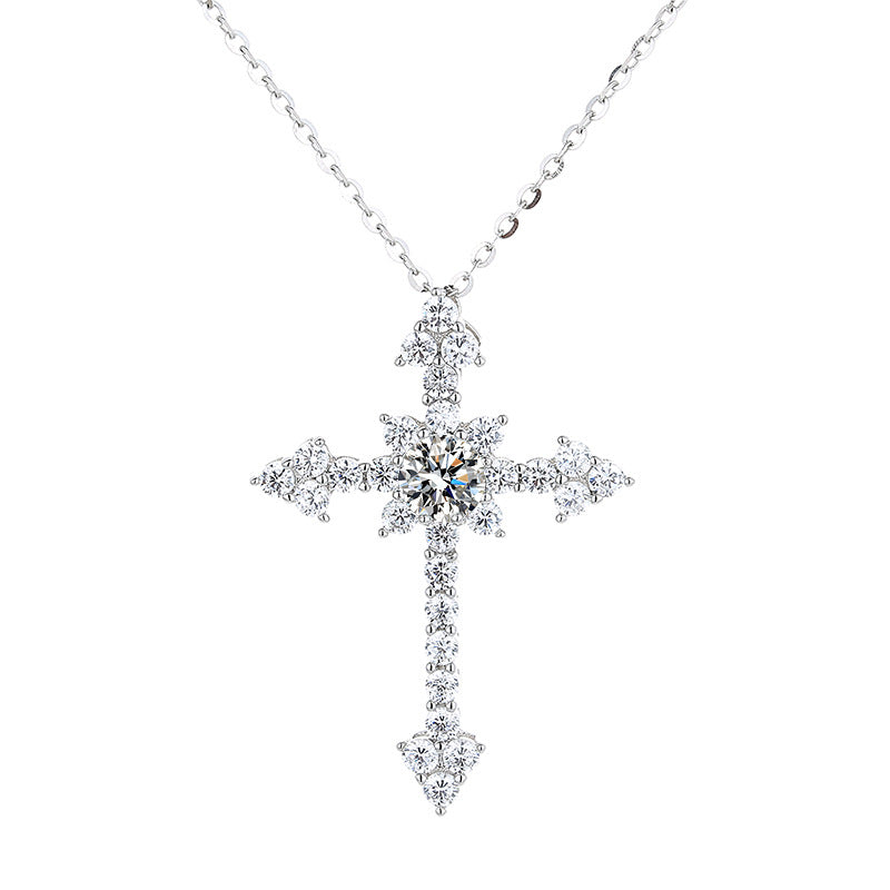 Moissanite Glitter Cross Collarbone Necklaces for Women 925 Sterling Silver Pendant Necklace Gifts