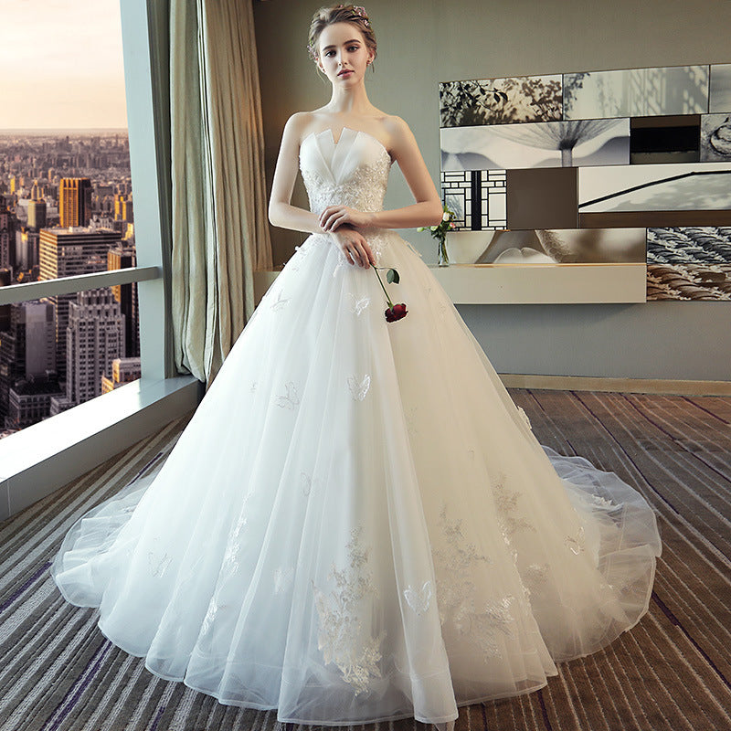 Nine Seven Appliques Pearl Decor Bridal White Dress Tube Top Lace Fairy Princess Lace Up Wedding Dress