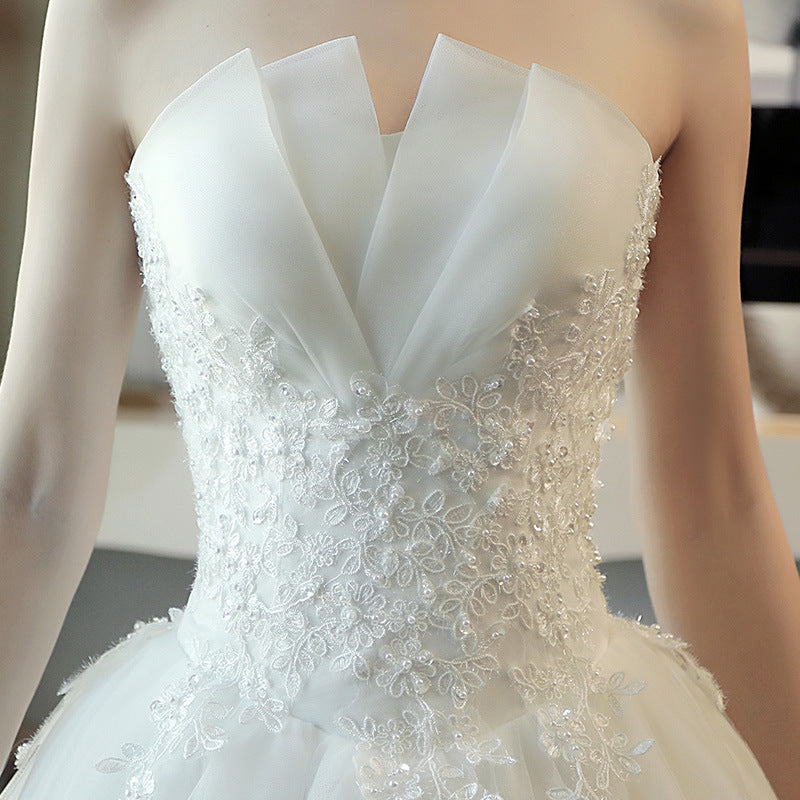 Nine Seven Appliques Pearl Decor Bridal White Dress Tube Top Lace Fairy Princess Lace Up Wedding Dress