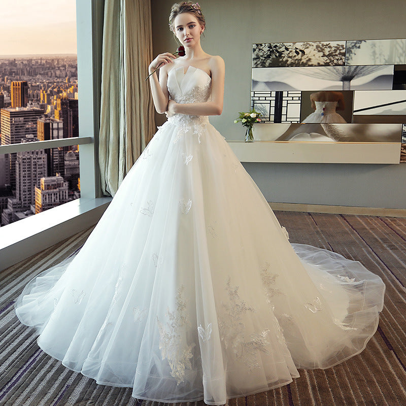 Nine Seven Appliques Pearl Decor Bridal White Dress Tube Top Lace Fairy Princess Lace Up Wedding Dress