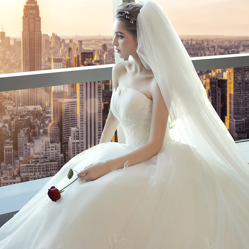 Nine Seven Appliques Pearl Decor Bridal White Dress Tube Top Lace Fairy Princess Lace Up Wedding Dress