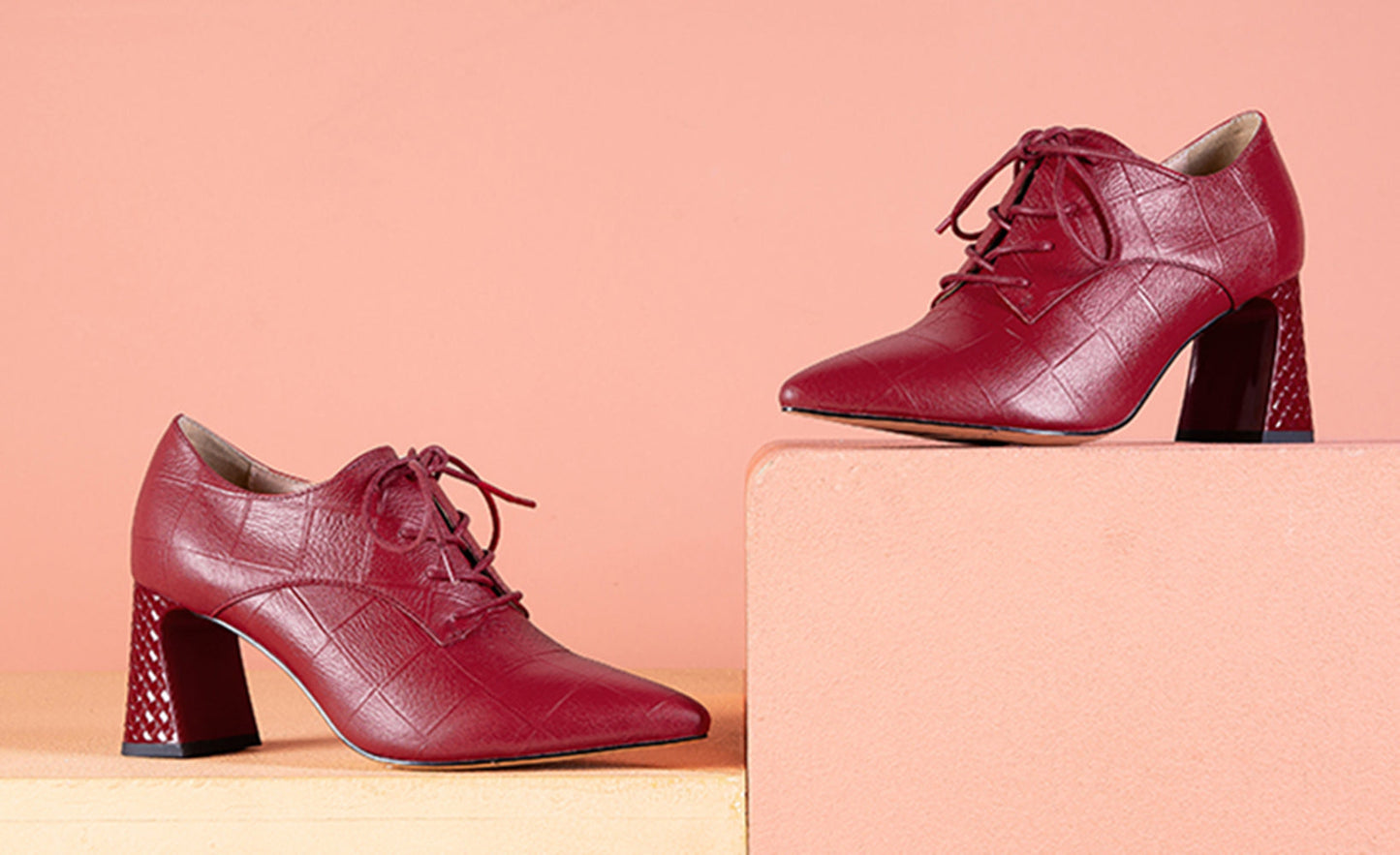 Nine Seven Women's Genuine Leather Handmade Pointed Toe Mid Chunky Heel Lace Up Modern Pump Shoes with Side Zip