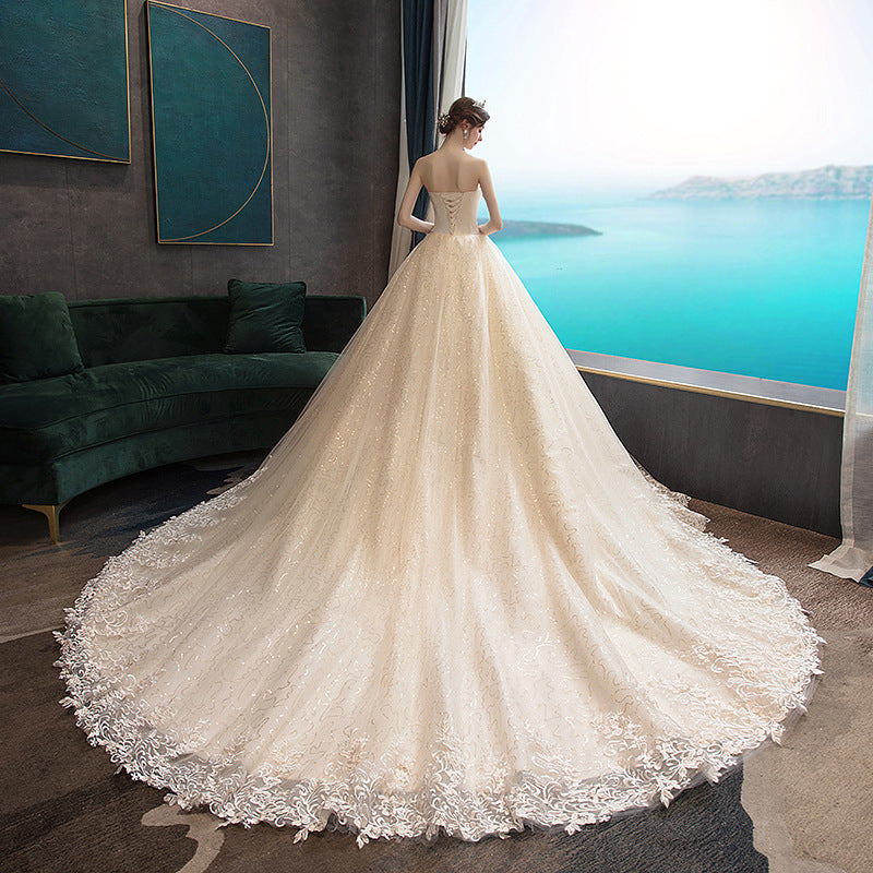 Nine Seven Appliques Pearls Sequins Strapless A-Line Lace Up Wedding Dress