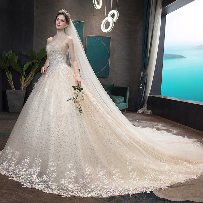 Nine Seven Appliques Pearls Sequins Strapless A-Line Lace Up Wedding Dress