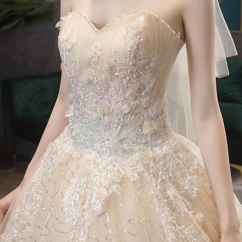 Nine Seven Appliques Pearls Sequins Strapless A-Line Lace Up Wedding Dress