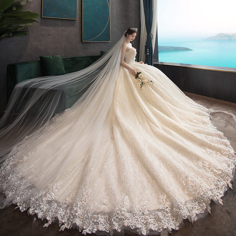 Nine Seven Appliques Pearls Sequins Strapless A-Line Lace Up Wedding Dress