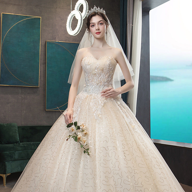 Nine Seven Appliques Pearls Sequins Strapless A-Line Lace Up Wedding Dress