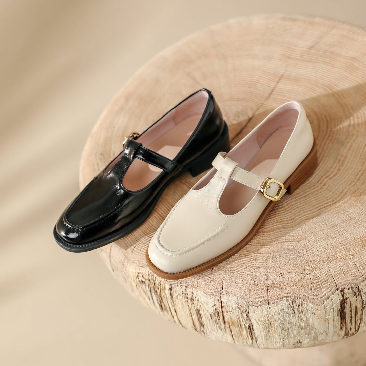 Nine Seven Women's Round Toe Genuine Leather Handmade Buckle Low Chunky Heels Retro Shoes