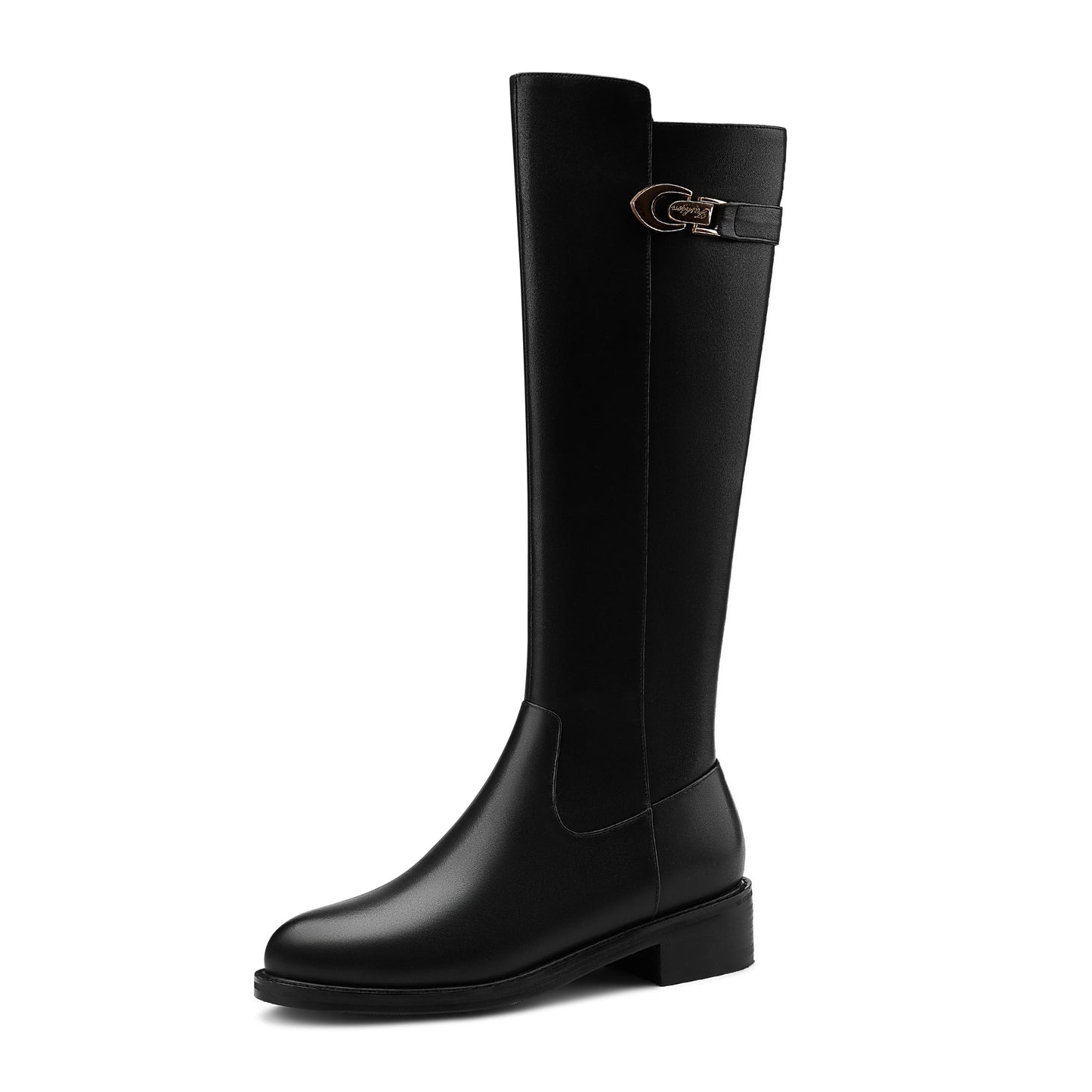 Nine Seven Women's Genuine Leather Round Toe Side Zipper Handmade Low Chunky Heel Comfort Knee High Boots with Metal Décor