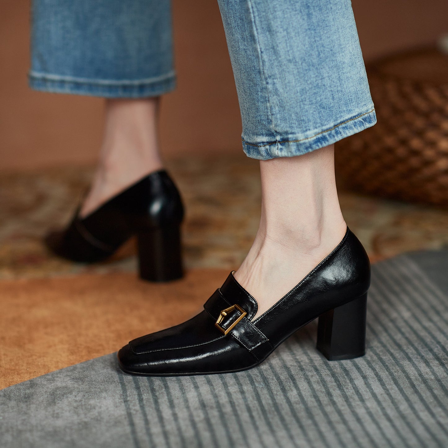 Nine Seven Genuine Leather Women's Handmade Square Toe Mid Block Heel Slip On Graceful Oxford Loafer Pumps with Cool Buckle