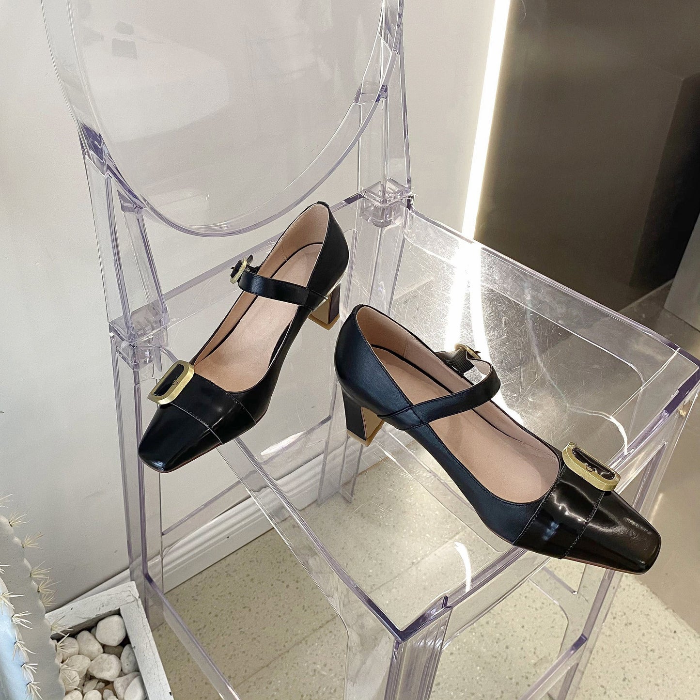 Nine Seven Genuine Leather Women's Handmade Littele Square Toe Buckle Mid Chunky Heel Classic Mary Jane Pump Shoes