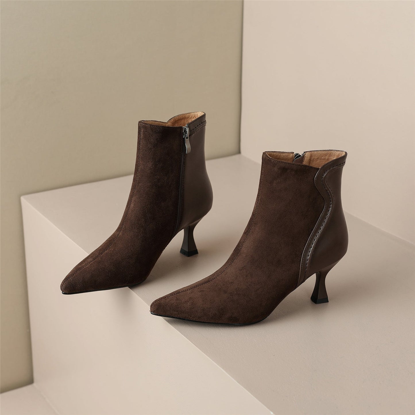 Nine Seven Handmade Women's Patchwork Leather Side Zipper Pointed Toe Sexy Kitten Heel Ankle Boots