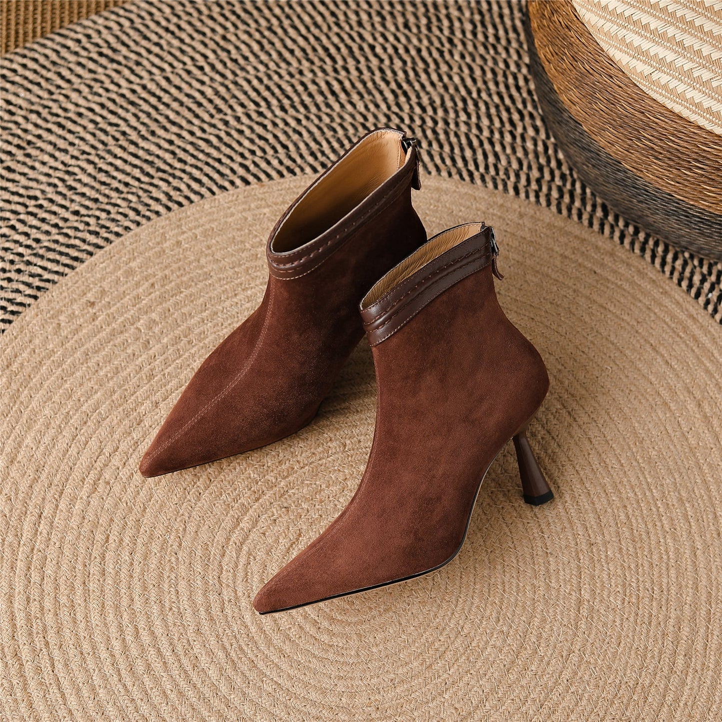 Nine Seven Handmade Women's Suede Leather Slip On Pointed Toe High Kittened Heel Back Zipper Ankle Boots