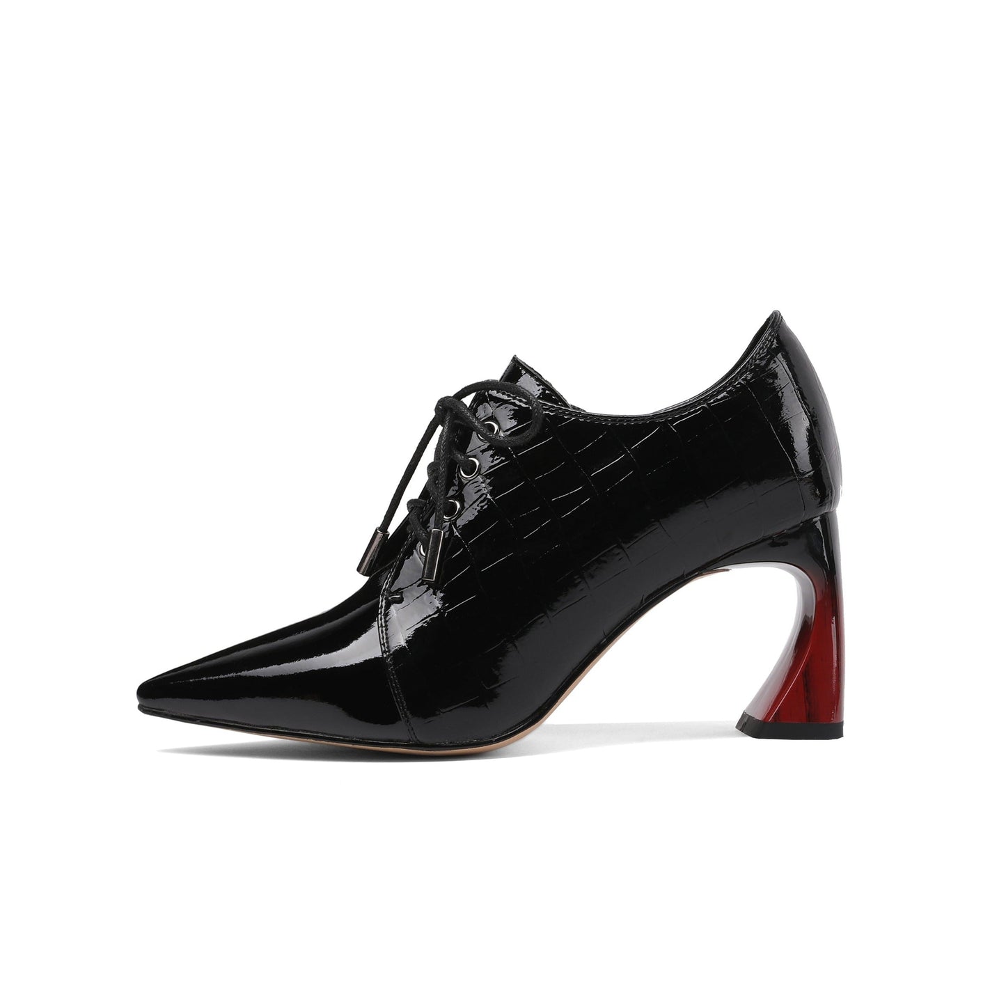 Nine Seven Patent Leather Women's Handmade Pointed Lace Up Toe High Spool Heel Side Zip Retro Pumps