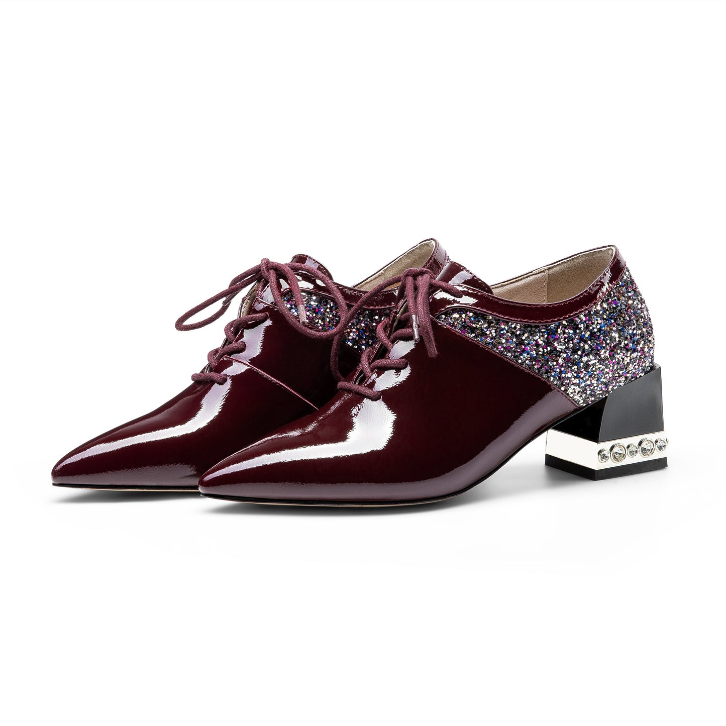 Nine Seven Women's Handmade Genuine Leather Pointed Toe Mid Chunky Heel Lace Up Comfortable Pump Shoes with Sparkling Glitter