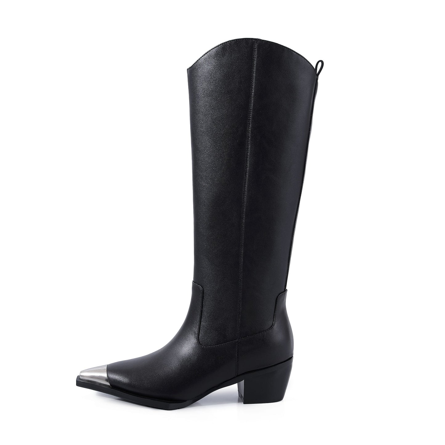Nine Seven Women's Handmade Genuine Leather Classic Pointed Toe Mid Block Heel Slip Up Weatern Style Knee High Boots