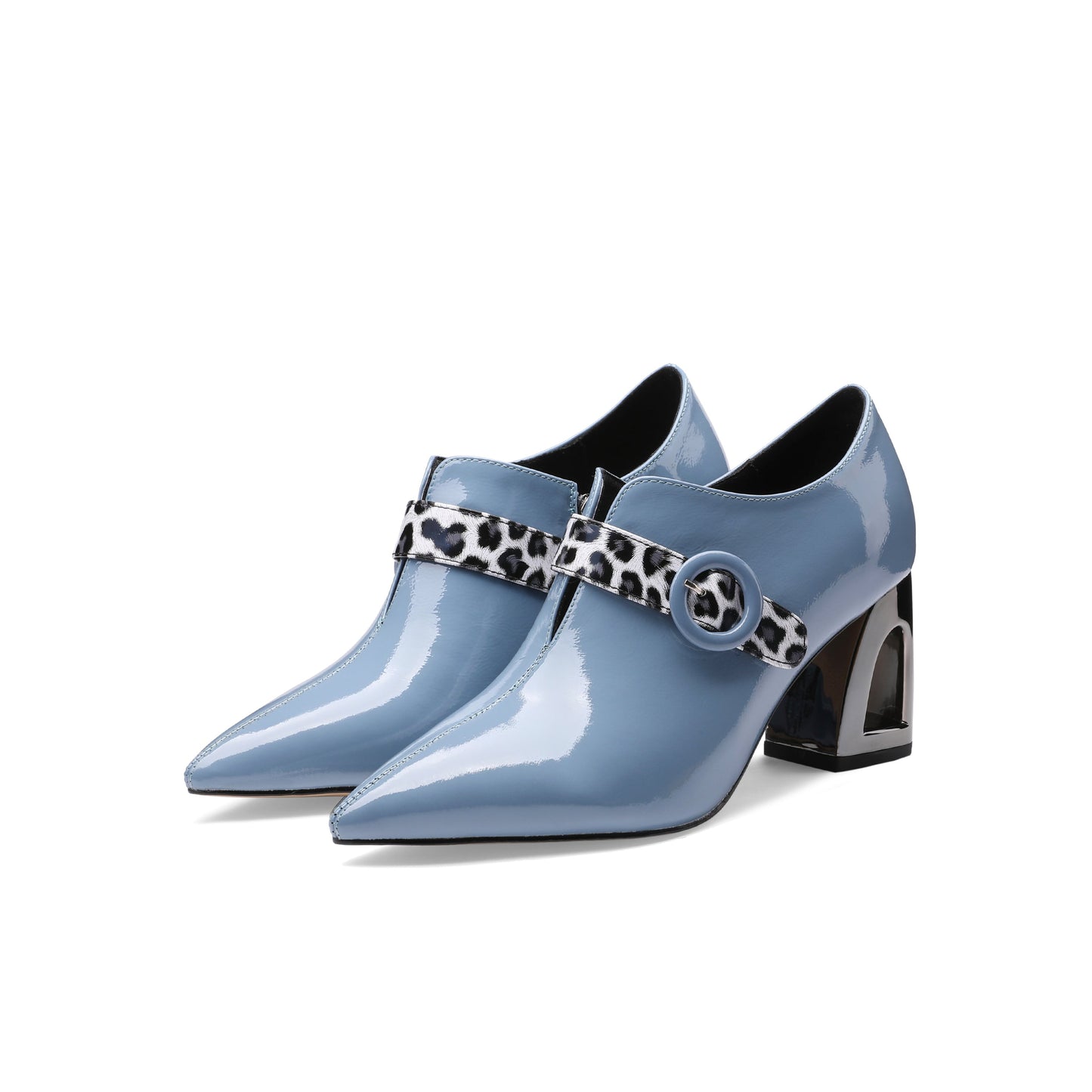 Nine Seven Women's Handmade Patent Leather Pointed Toe Mid Chunky Heel V-Shaped Side Zip Up Pumps with Modern Buckle Decor