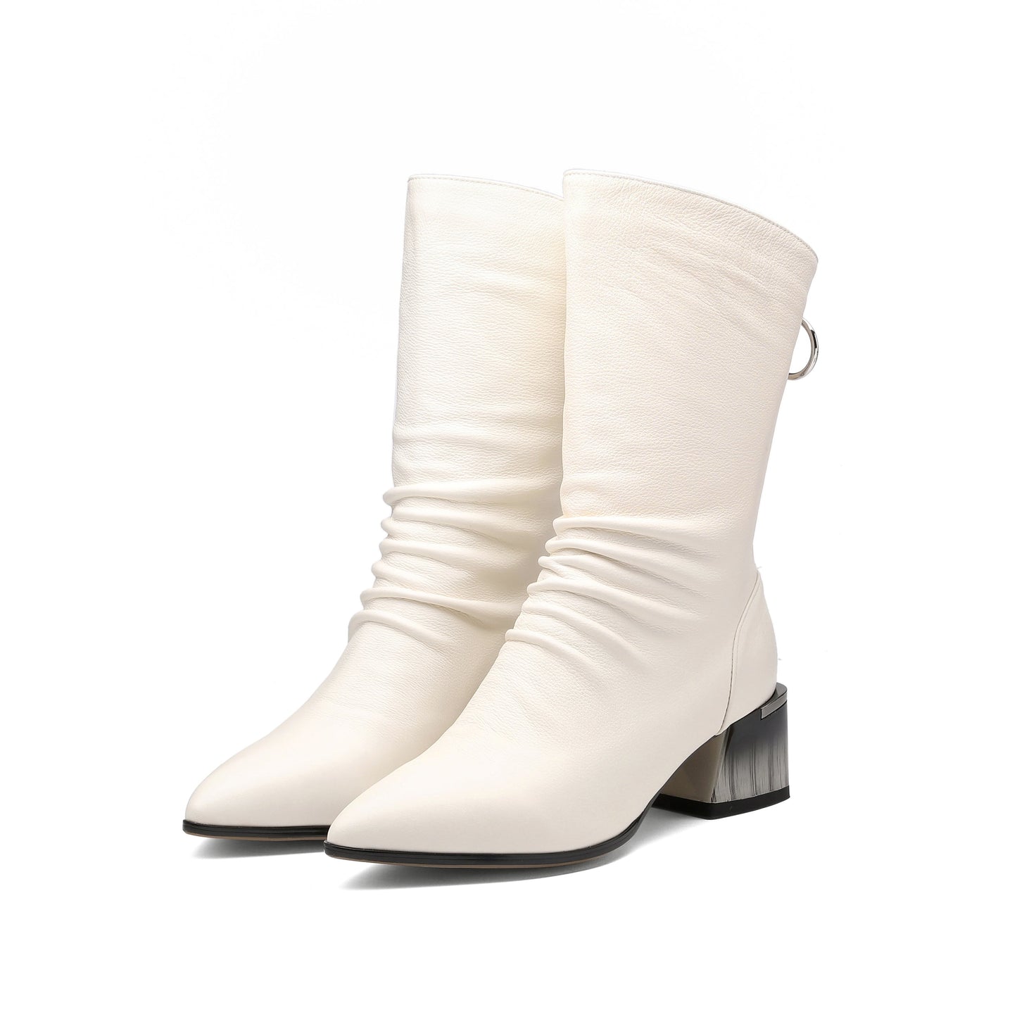 Nine Seven Women's Handmade Genuine Leather Pointed Toe Gradient Color Mid Block Heel Back Zip Up Trendy Ruffle Mid-Calf Boots