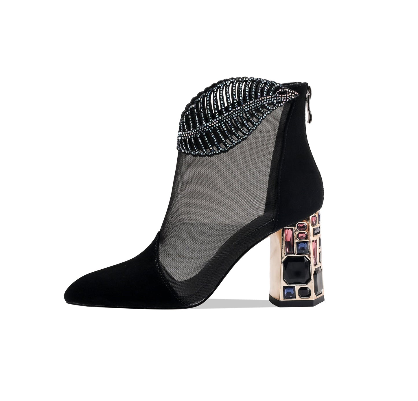 Nine Seven Women's Genuine/Suede Leather with Mesh Pointed Toe Handmade Jewel High Chunky Heel Chic Ankle Boots with Back Zipper