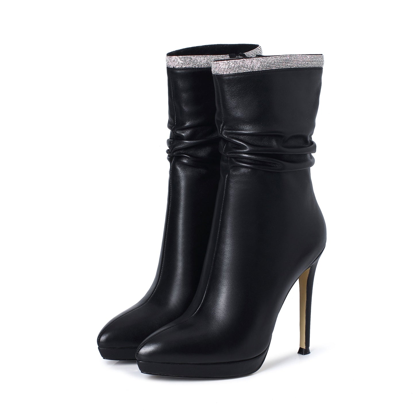 Nine Seven Women's Handmade Leather Spikes-Stiletto High Heel Platform Pointed Toe Side Zip Up Glitter Mid-Calf Boots