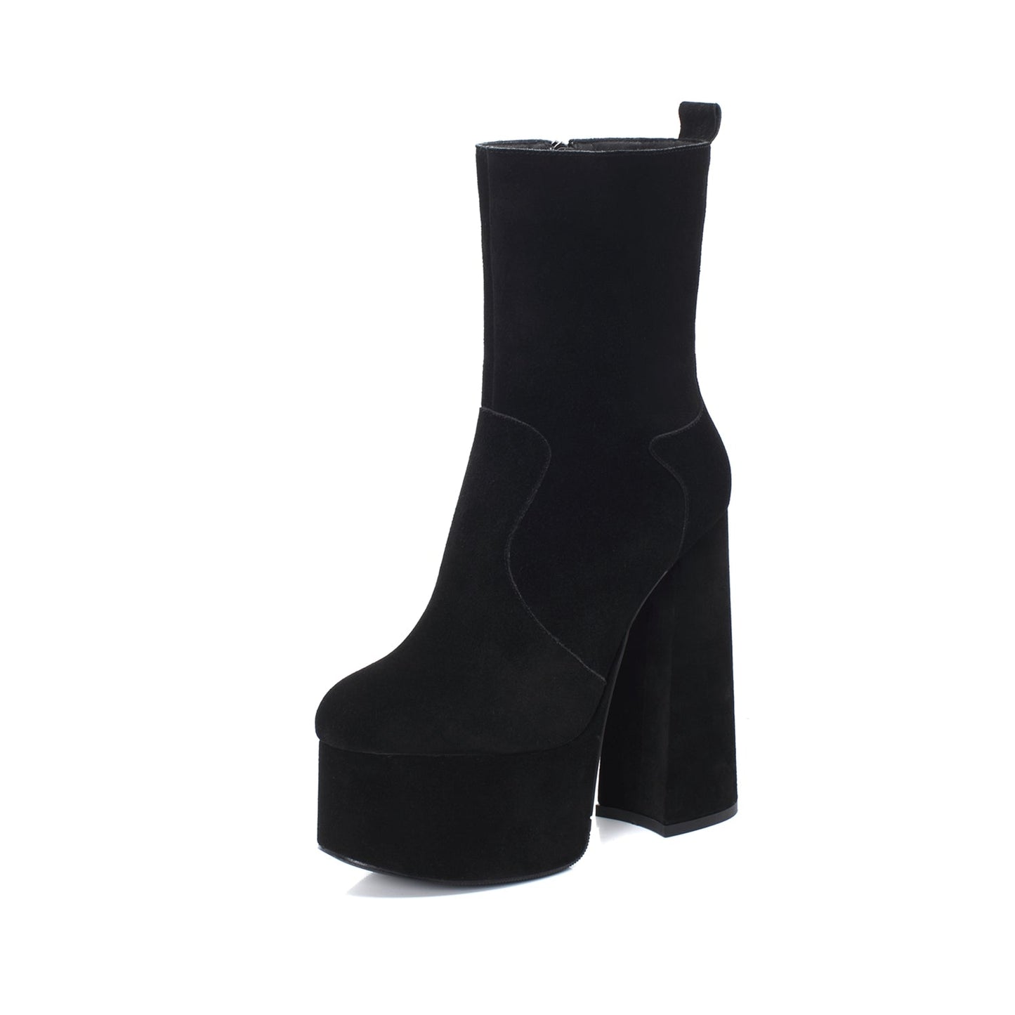 Nine Seven Women's Handmade Genuine/Suede Leather Round Toe Supper High Chunky Heel Side Zip Up Stylish Black Calf High Boots with Platform