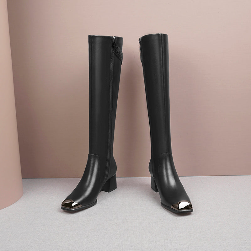 Nine Seven Handmade Women's Genuine Leather Square Toe Mid Chunky Heel Side Zip Up Black Knee High Boots with Buckle Decor