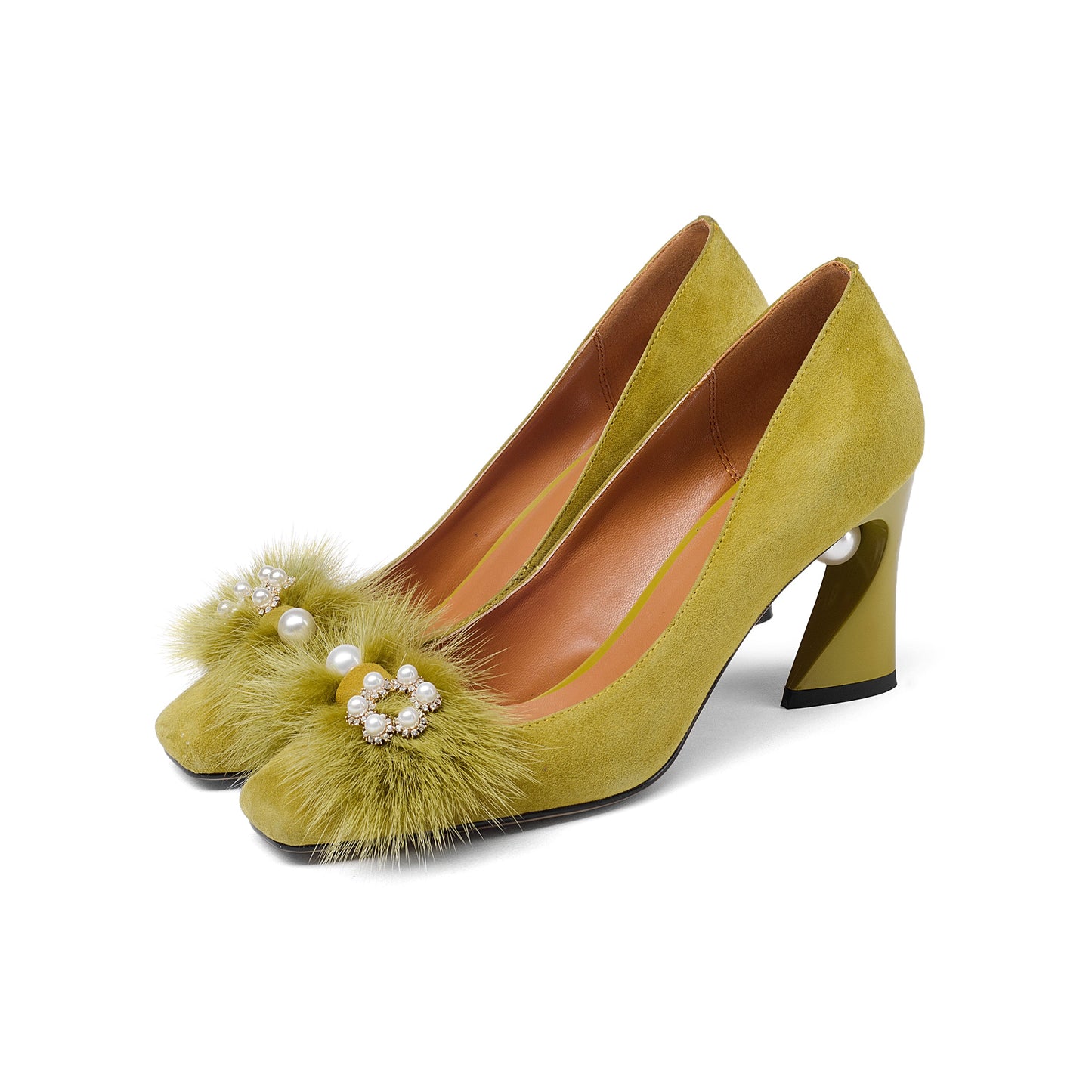 Nine Seven Suede Leather Square Toe Chunky High Heel Comfortable Pump
