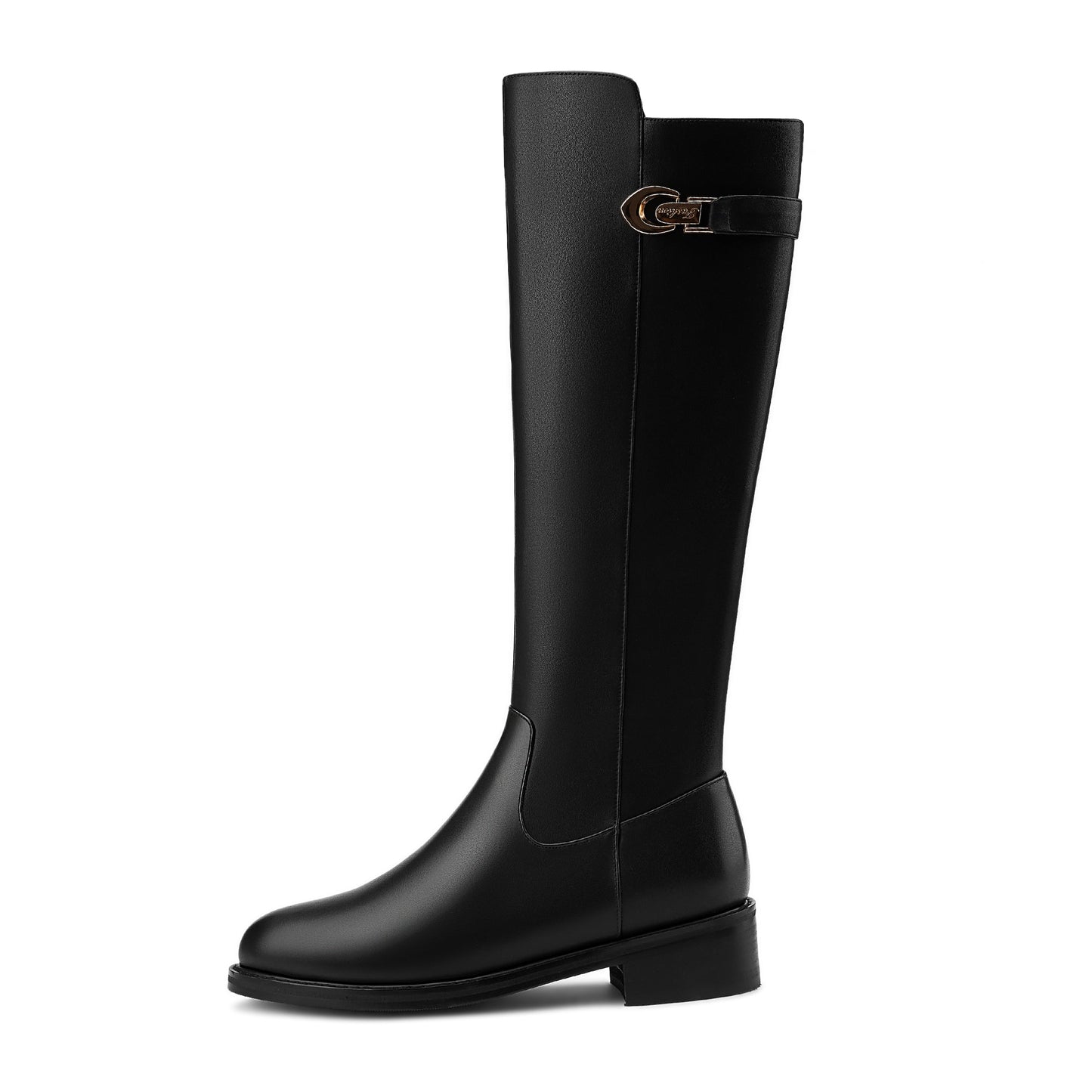 Nine Seven Women's Genuine Leather Round Toe Side Zipper Handmade Low Chunky Heel Comfort Knee High Boots with Metal Décor