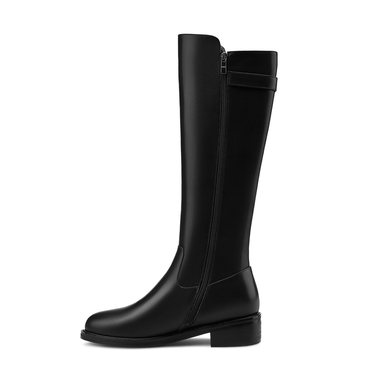 Nine Seven Women's Genuine Leather Round Toe Side Zipper Handmade Low Chunky Heel Comfort Knee High Boots with Metal Décor
