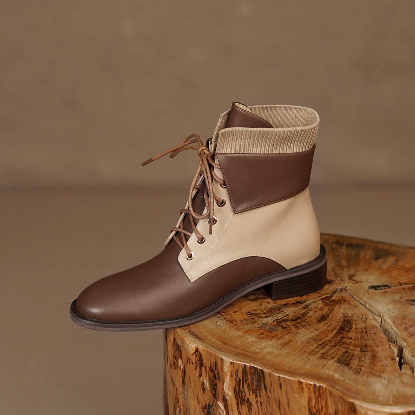 Nine Seven Handmade Women's Genuine Suede Leather Stitching Color Woolen Front Lace Up Round Toe Low Chunky Heel Ankle Boots