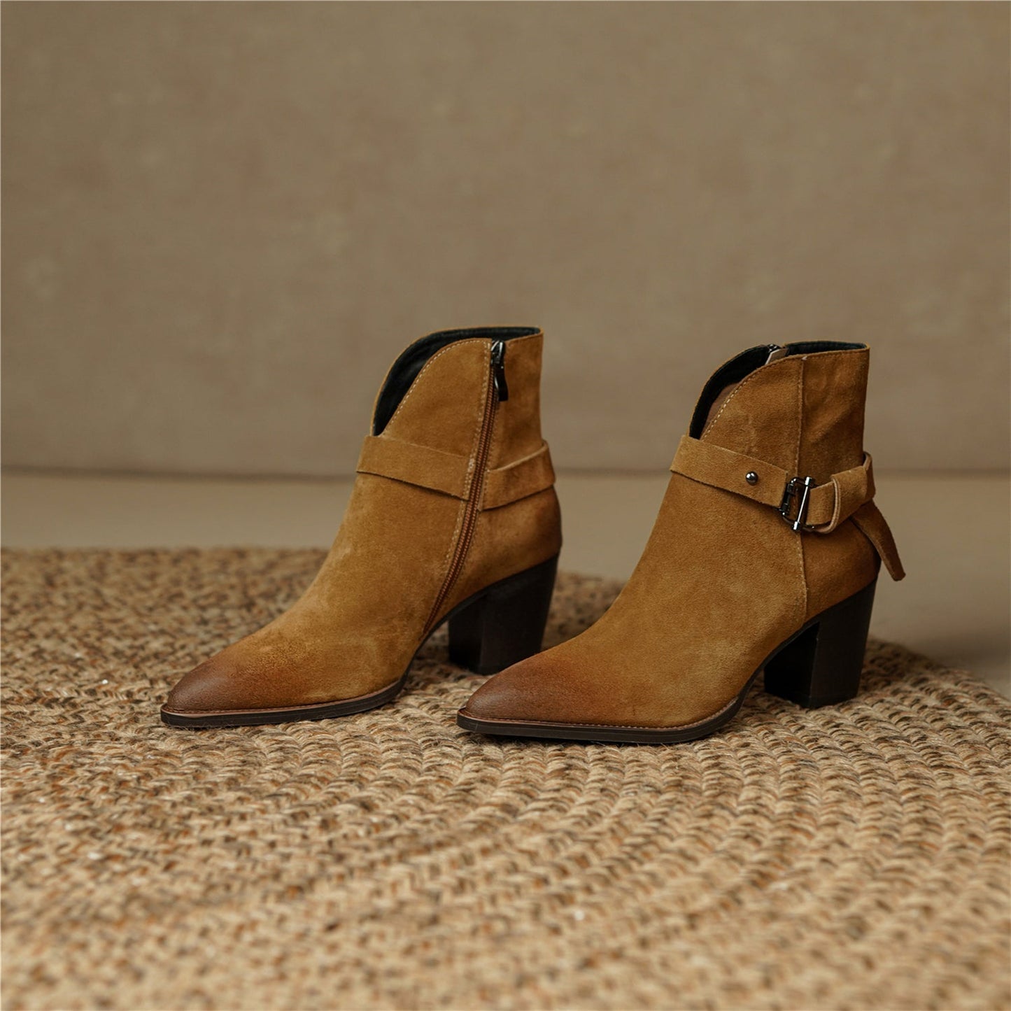 Nine Seven Handmade Women's Suede Leather Metal Buckle Pointed Toe Mid Chunky Heel Side Zipper Ankle Boots