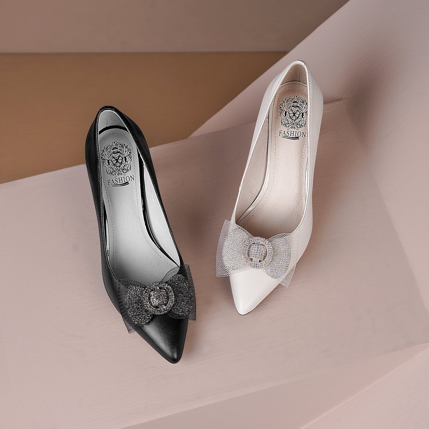 Nine Seven Women's Handmade Genuine Leather Pointed Toe High Spool Heel Easy Slip On Loafer Pump Shoes with Graceful Bow