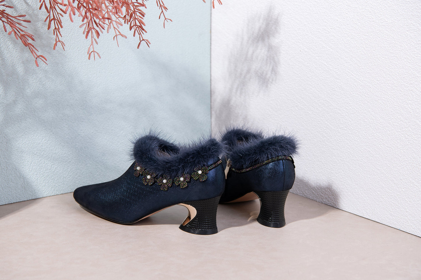 Nine Seven Handmade Women's Genuine Leather Furry Rhinestone Floral Side Zip Pointed Toe Mid Chunky Heel Pumps