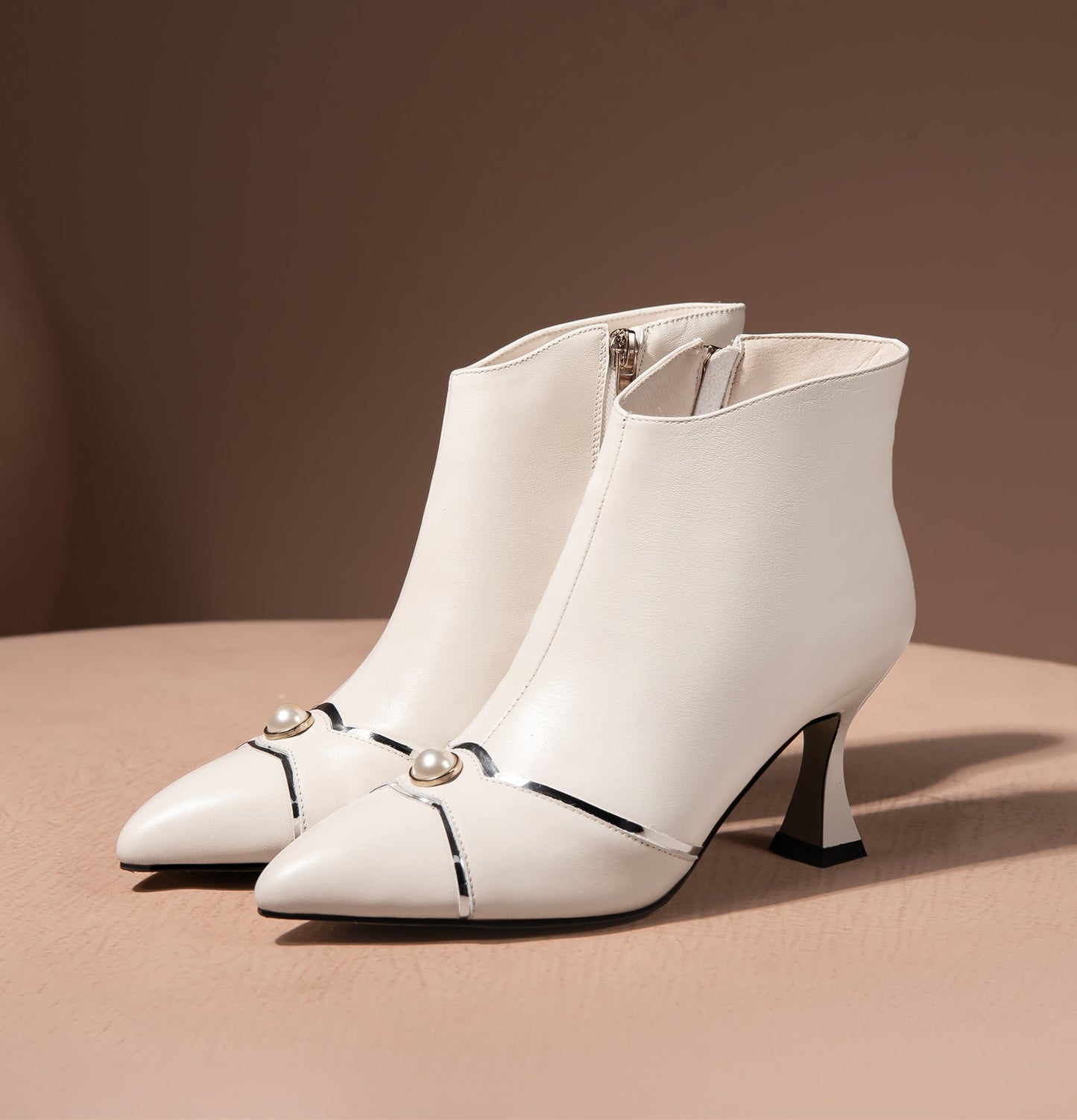 Nine Seven Handmade Women's Genuine Leather Side Zip Up Spool Heel Pointed Toe Elegant Ankle Boots