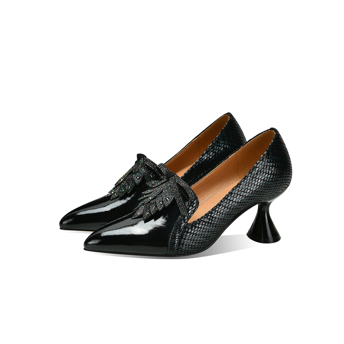 Nine Seven Handmade Women's Glossy Genuine Leather Snakeskin Slip On Pointed Toe Mid Spool Heel Pumps Shoes