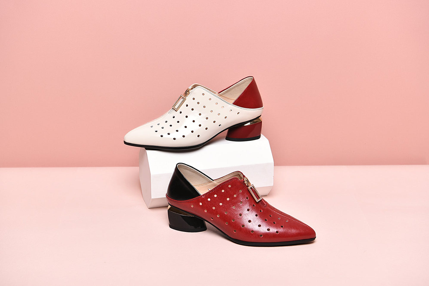 Nine Seven Women's Genuine Leather with Breathable Holes Handmade Front Zipper Low Chunky Heel Stylish Pumps Shoes