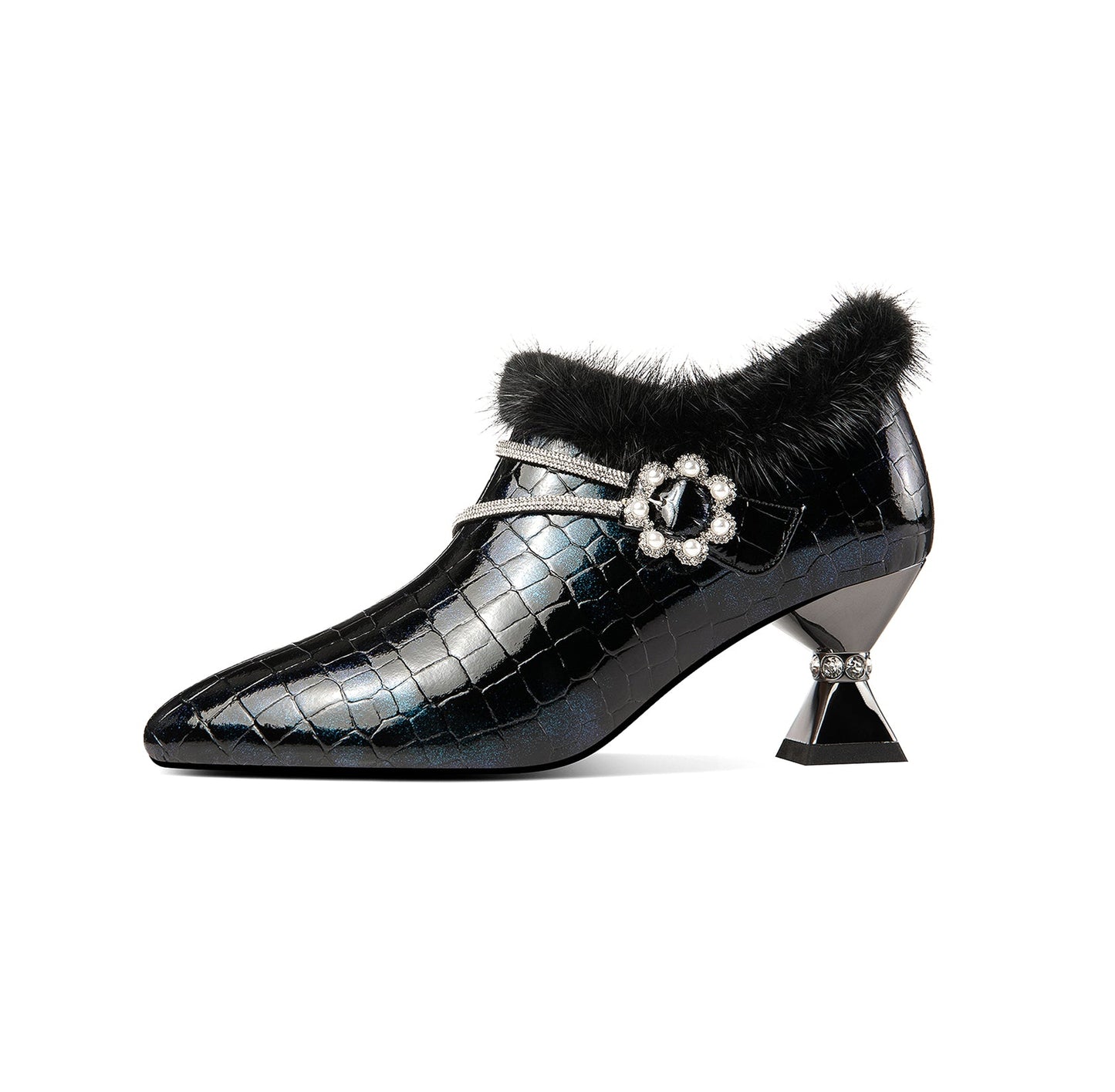 Nine Seven Handmade Women's Patent Leather Furry Rhinestone Floral Side Zip Pointed Toe Mid Spool Heel Pumps