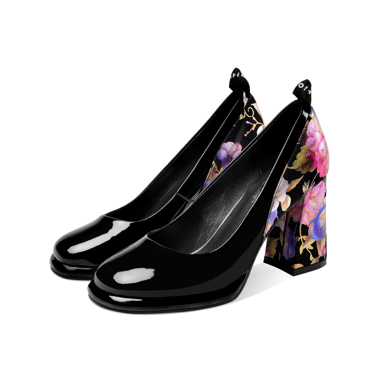 Nine Seven Women's Round Toe Floral Patent Leather Handmade Platform High Chunky Heel Unique Pump Shoes