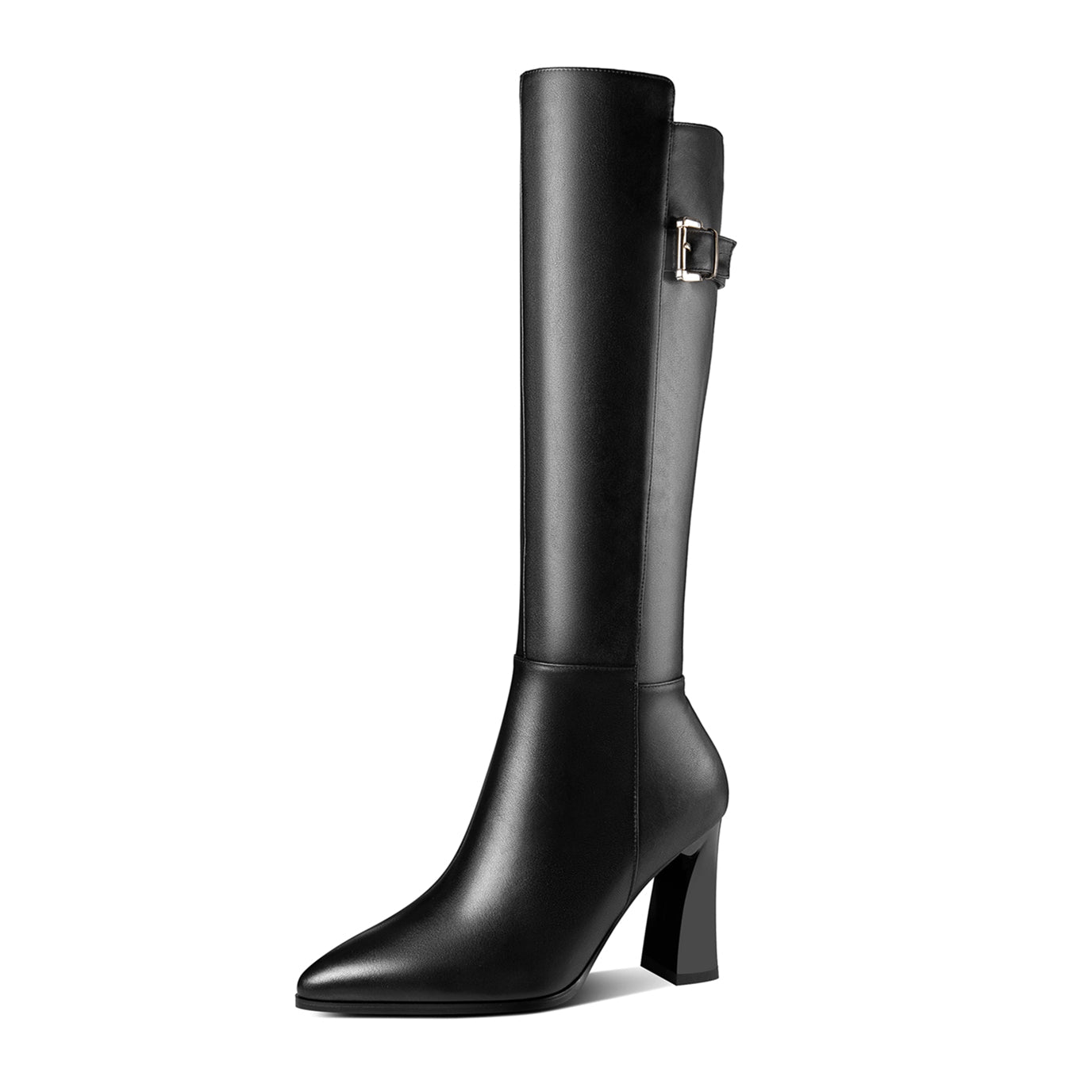 Nine Seven Handmade Women's Genuine Leather Trendy Spool Heel Side Zip Up Chic Buckle Decor Pointed Toe Dress Boots