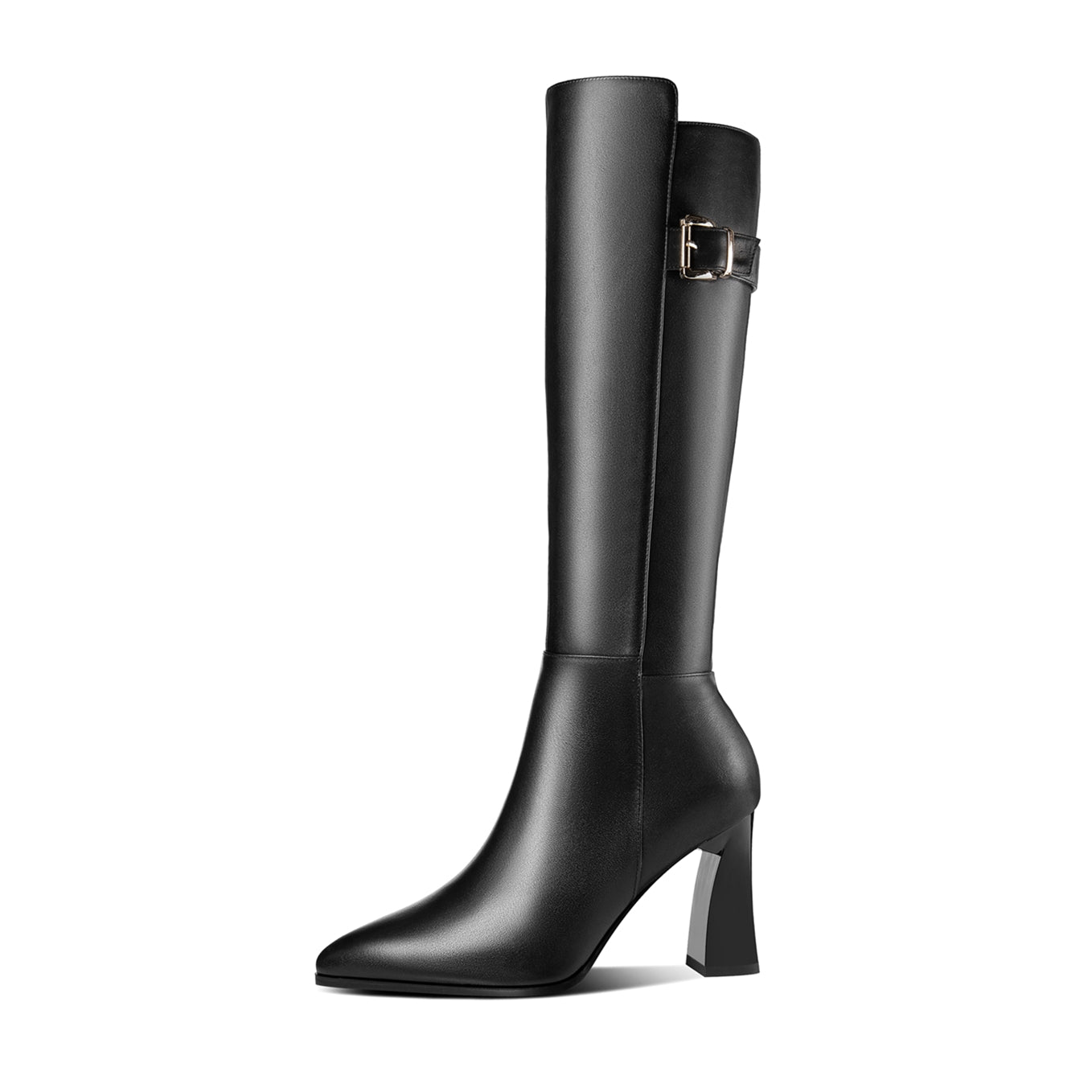 Nine Seven Handmade Women's Genuine Leather Trendy Spool Heel Side Zip Up Chic Buckle Decor Pointed Toe Dress Boots