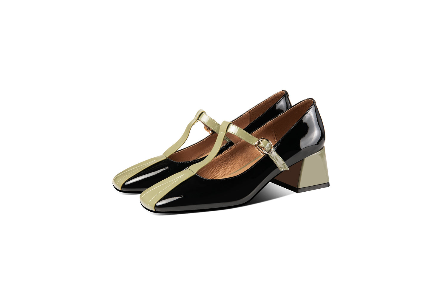 Nine Seven Women's Handmade Patent Leather Square Toe Chunky Heel T-Shaped Assorted Color Mary Jane Pumps