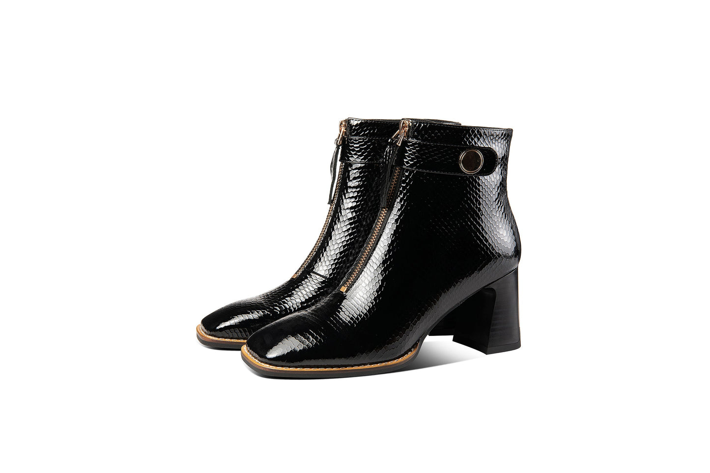 Nine Seven Genuine Leather Women's Handmade Chunky Heel Side Zip Up Square Toe Ankle Boots with Front Zipper Decor