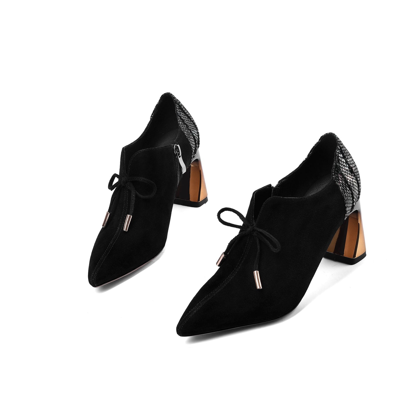 Nine Seven Women's Suede Leather Pointed Toe Handmade Side Zip High Chunky Heel Pumps with Cute Bow