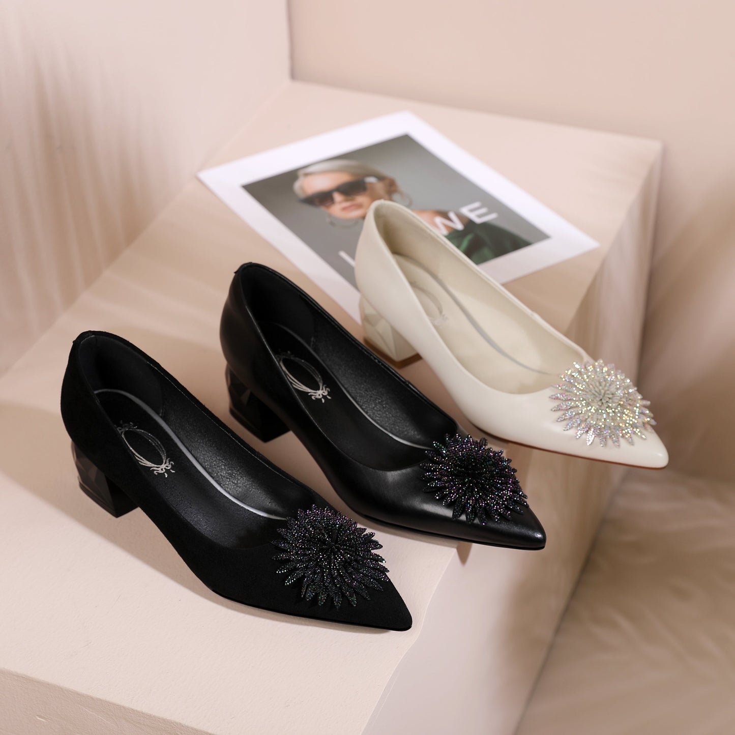 Nine Seven Women's Pointed Toe Genuine/Suede Leather Handmade Rhinestone Floral Decor Low Chunky Heel Pumps Shoes