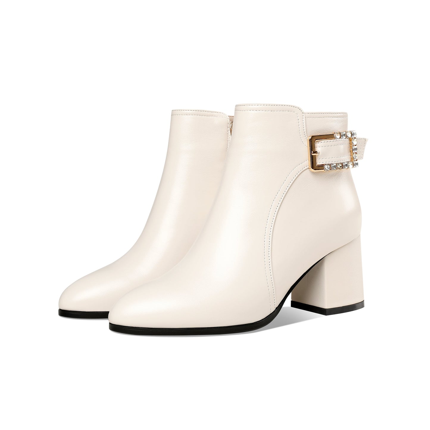 Nine Seven Women's Genuine Leather Handmade Round Toe Side Zipper Mid Chunky Heel Classic Ankle Boots with Buckle